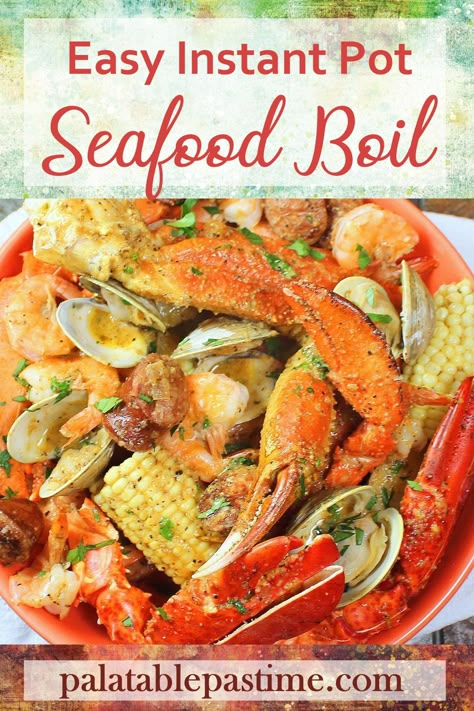 Easy Instant Pot Seafood Boil yummy crab along  with lobster, shrimp, clams, corn, potatoes and spicy sausage in a garlic butter beer  sauce. via @suelau1 Instant Pot Seafood, Crab Boil Recipe, Shrimp And Crab Boil, Cajun Seafood Boil, Butter Beer, Cajun Seafood, Seafood Boil Recipes, Boiled Food, Easy Seafood