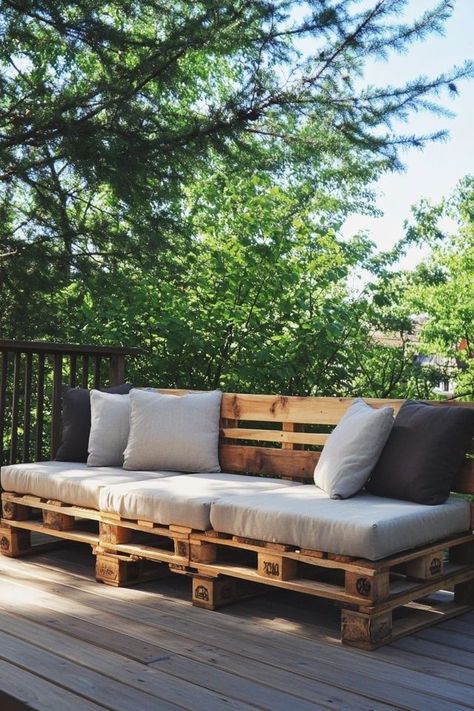 "Relax in style with a DIY Outdoor Pallet Sofa! 🛠️🌿 Perfect for creating a cozy and eco-friendly seating area in your garden or patio. 🌟✨ #DIYPalletSofa #OutdoorFurniture #EcoFriendlyDecor" Pallet Couches Indoor, Outdoor Couch Diy Pallets, Diy Outdoor Furniture With Pallets, Outside Seating Area Diy, Diy Wood Couch Indoor, Pallet Outdoor Furniture Diy, Pallet Benches Outdoor, Outdoor Wood Sofa, Small Backyard Seating Ideas