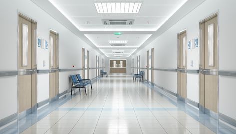 Long hospital corridor with empty seats ... | Premium Photo #Freepik #photo #building #hospital #clinic #empty Anime Hospital, Hospital Hallway, Modern Hospital, Hallway Corridor, Episode Interactive Backgrounds, Episode Backgrounds, Hospital Interior, Hospital Room, Hospital Interior Design