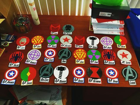 Avengers Bulletin Board, Marvel Door Decs, Marvel Classroom, Dorm Name Tags, Resident Assistant Door Decs, Res Life Door Decs, Ra Door Tags, Door Decorations College, Dorm Themes