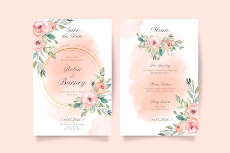 Soft pink wedding invitation and menu te... | Free Vector #Freepik #freevector #frame #wedding #watercolor #wedding-invitation Wedding Invitations Philippines, Yellow Floral Wedding Invitations, Vintage Wedding Stationery, Gold Wedding Stationery, Soft Pink Wedding, Feuille Eucalyptus, Floral Wedding Invitation Card, Traditional Wedding Invitations, Wedding Invitation Samples