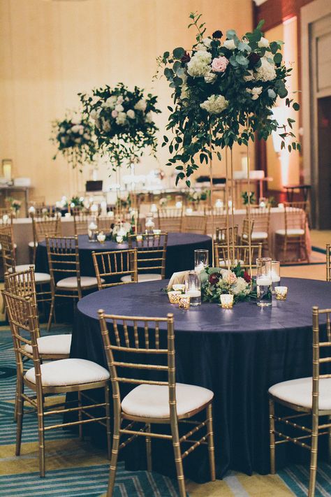 Navy Dessert Table Ideas, Navy Gold And Greenery Wedding, Navy Blue Wedding Flowers Centerpieces, Centerpieces Navy Blue And Gold, Navy Blue Centerpieces, Burgundy Wedding Centerpieces, Wedding Jobs, Blue And Gold Wedding, Navy Blue And Gold Wedding