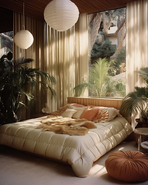 1970s Palm Springs luxury 🧡🌴 • • • • (AI images — MJ 5.2) #70sinterior #1970sinterior #70saesthetic #1970s #70svibes #70snostalgia #70sdecor #70s #vintage #interiordesign #homedecor #luxuryhomes Palm Springs Apartment, 1970s Palm Springs, 70s Canopy Bed, 70s Rooms Bedrooms, 80s Palm Springs, Palm Springs Bedroom Ideas, 70s Style Interior Design, 70s House Bedroom, Vintage Interior Aesthetic