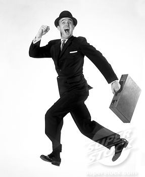 Stock Photo #4186-15472, 1950S 1960S Happy Excited Exuberant Man Jumping In Air Running Carrying AttachÃ© Case Briefcase Wearing Business Suit Hat Suits And Ties, Philippe Halsman, Life Magazine Covers, Lena Horne, Harold Lloyd, Anthony Perkins, Robert Doisneau, Septième Art, North Rhine Westphalia