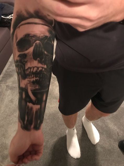 Part 2 of my sleeve. Skull and candle done by bart olsen at forevermore tattoos. Skull Forearm Tattoo Men, Skull And Candle Tattoo, Forearm Skull Tattoo, Skull Forearm Tattoo, Skull Tattoo Sleeve, Skull And Candle, Lion Shoulder Tattoo, Underarm Tattoo, Satanic Tattoos