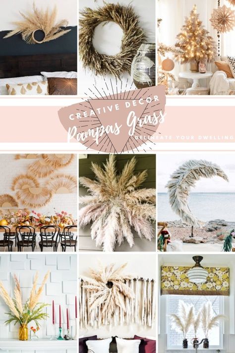 Learn 13 Creative ways to Decorate with Pampas Grass! These dried ornament grasses are gorgeous statement pieces not only in your yard, but also in your home. See how to make wreaths, arrangements and even Christmas Trees with them. Delineate Your Dwelling Decorate With Pampas, Boho Christmas Tree, Grass Wreath, Diy Home Accessories, Furniture Design Inspiration, Plant Crafts, Pampas Grass Decor, Grass Decor, Autumn Ideas