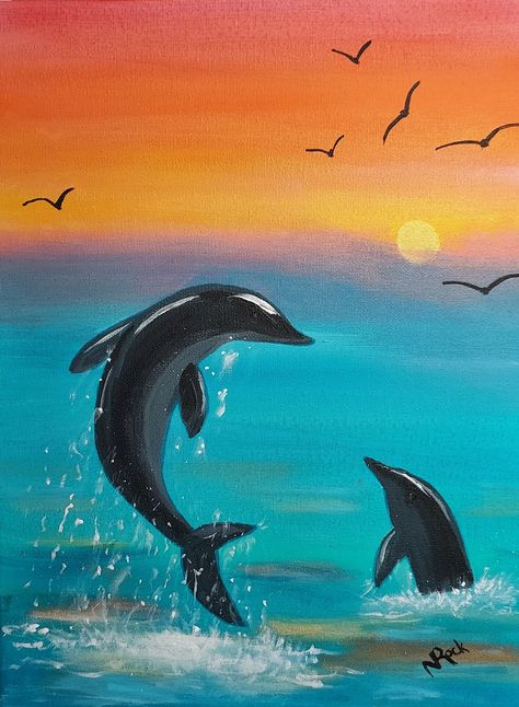 Ocean Scenery Paintings, Dolphin Painting Ideas, Painting Ideas Turtle, Dolphin Painting Easy, Dolphins Drawing, Sunrise Painting Acrylic, Dolphin Art Painting, Dolphins Acrylic Painting, Beachy Paintings Easy