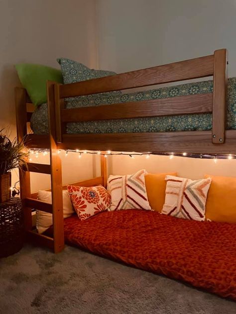 Loft Bed Nook, Bed With Reading Nook Underneath, Nook Under Bed, Book Nook Under Loft Bed, Under Bed Cozy Area, Loft Bed With Seating Underneath, Under Dorm Bed Hangout, Under Bed Hangout, Seating Under Loft Bed