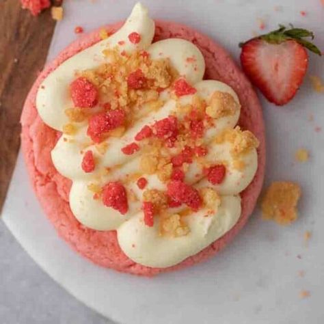 CRUMBL Strawberry shortcake cookies - Lifestyle of a Foodie Crumbl Strawberry, Strawberry Ice Cream Bar, Mousse Frosting, Shortcake Cookies, Strawberry Cake Mix Cookies, Lifestyle Of A Foodie, Crumble Cookie Recipe, Strawberry Shortcake Cookies, Strawberry Shortcake Ice Cream