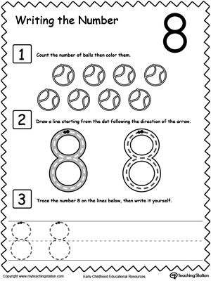 Learn to Count and Write Number 8: Teach your preschooler and kindergarten how to count and write numbers. Practice counting and writting number 8. 8 Worksheets Preschool, Number 8 Worksheet, Preschool Numbers, Count And Write, Preschool Number Worksheets, Writing Printables, Numbers Worksheets, Kindergarten Printables, Number Tracing