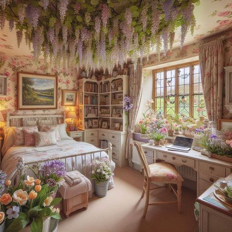 Spring Theme Bedroom, Spring Themed Bedroom, Spring Bedroom Aesthetic, Fairy Garden Room Ideas Bedrooms, Secret Garden Bedroom, Flower Bedroom Aesthetic, Bedroom With Flowers, Cottagecore Rooms, Cottagecore Aesthetic Bedroom