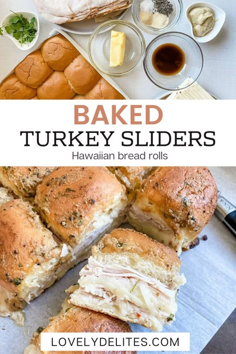 These Baked Turkey Sliders on Hawaiian Rolls are our favorite pot luck dish to share! Roasted turkey, pepper jack cheese and brushed with melted butter, dijon mustard, and fresh seasonings are do delicious and easy to make. Baked turkey sliders come together in less than 30 minutes and are perfect for tailgates, game day, pot lucks or a Sunday afternoon! Rachel Sliders, Turkey Lunch Meat Ideas, Turkey Lunch Meat Recipes, Hot Sliders, Easy Turkey Sliders, Turkey Sliders On Hawaiian Rolls, Slider Ideas, Rachel Sandwich, Mini Slider