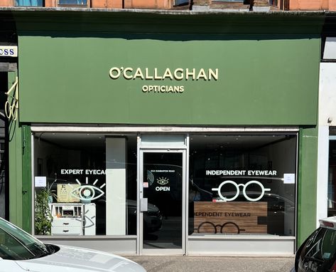 Unbelievable Transformation Warning!! Martin from @ocallaghanopticians came to us looking for solutions for his signage & wonky fascia. The shop front needed a total uplift and renovation. So we completely renewed the fascia and painted the whole shop a royal green and replaced the sign with some classic ivory lettering. This coupled with shot-blasting and respraying the projecting glasses sign & new modern window graphics gives @ocallaghanopticians the wow factor & a shop front he is proud of Laundry Shop, Office Signage, Storefront Signs, Shop Signage, Shop Front Signage, Royal Green, Window Graphics, Business Signage, Shop Front