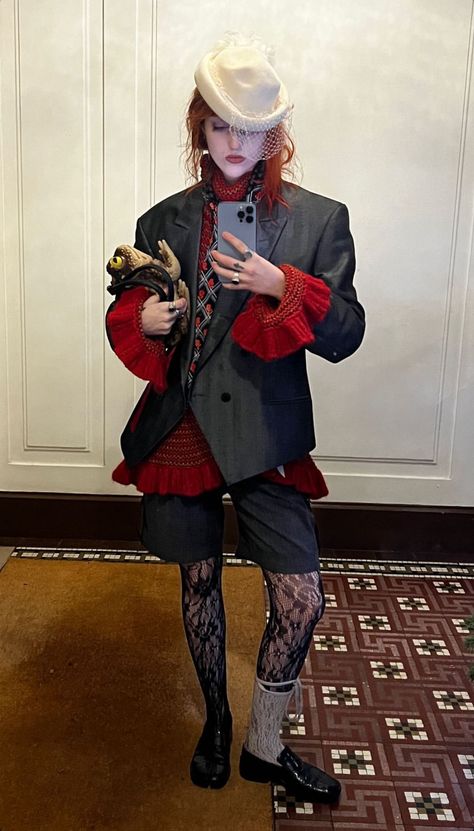 Clownpunk Fashion, Maximalism Fashion Aesthetic, Mad Hatter Inspired Outfit, Weird Fashion Aesthetic, Kitsch Outfit, Mad Hatter Aesthetic, Maximalism Outfit, Clowncore Outfit, Weirdcore Outfits