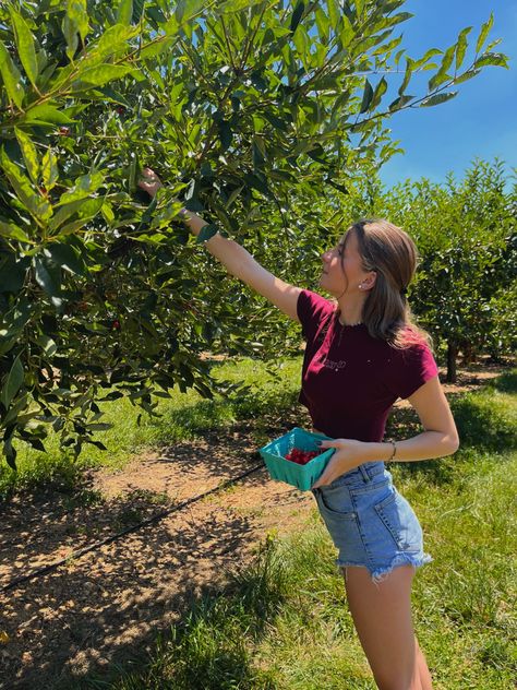 Berry Picking Outfit Summer, Raspberry Picking Aesthetic, Cherry Picking Photoshoot, Cherry Picking Aesthetic, Cherry Picking Outfit, Fruit Picking Outfit, Berry Picking Aesthetic, Berry Picking Outfit, Strawberry Picking Photography