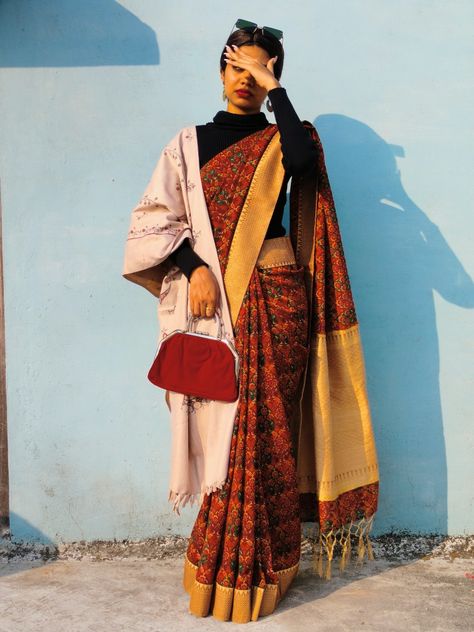 Indian Teacher Outfits, Winter Saree Look, Professor Aesthetic Woman, Teacher Winter Outfits, Winter Saree, Professor Outfits, Indian Teacher, Professor Aesthetic, Classy Saree