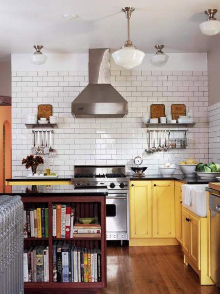 Yellow Kitchen Cabinets with White Subway Tile - A round up of inspiration for colored kitchen cabinets Yellow Kitchen Designs, White Tile Kitchen Backsplash, Yellow Cabinets, White Kitchen Tiles, Wood Floor Kitchen, Subway Tile Kitchen, Farmhouse Kitchen Cabinets, White Subway Tile, Kitchen Storage Solutions