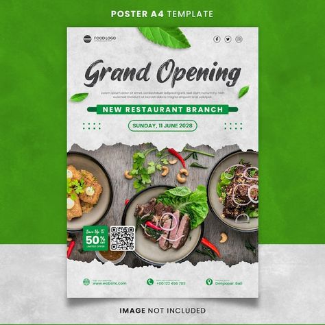 Green food and restaurant grand opening ... | Premium Psd #Freepik #psd #advertising-poster #google-ads #ads-design #advertising-banner We Are Open Restaurant Poster, Soft Opening Poster Design Cafe, Grand Opening Restaurant Poster, Opening Poster Design Ideas, Restaurant Poster Design Creative, Cafe Opening Poster, Restaurant Opening Poster, Coming Soon Poster Design, Soon Poster Design