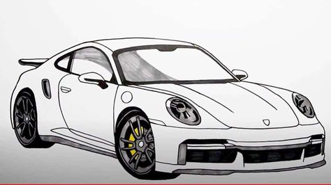 Car Drawing Sketches Easy, Cool Car Drawings Easy, Porsche Drawing Easy, Porshe Drawing Easy, Cars Drawing Easy, Car For Beginners, Porsche Outline, Porsche Drawing Sketch, Porsche Drawing