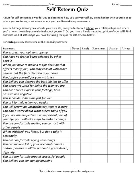 Self Esteem Quiz, Worksheet For Adults, Counseling Worksheets, Self Esteem Worksheets, Self Esteem Activities, Activities For Teens, Counseling Activities, What Is Self, Therapy Worksheets