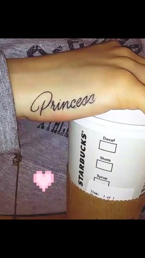 Princess Hand Tattoo 💕 Left Hand Tattoo, Side Hand Tattoos, Prince Tattoos, Princess Tattoo, Cross Tattoo Designs, Writing Tattoos, Tasteful Tattoos, Dope Tattoos For Women, Memorial Tattoo