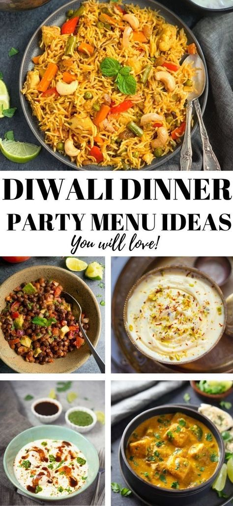 Looking for easy indian dinner menu ideas for the upcoming party? Here I am sharing a variety of dishes to impress your guests including appetizers, entrees, and desserts | indian party menu vegetarian | diwali dinner menu | Indian recipes | festival food ideas | pipingpotcurry.com Indian Menu Ideas, Indian Dinner Party Menu Ideas, Lunch Party Menu, Indian Dinner Party, List Of Dinner Ideas, Dinner Ideas Indian, Diwali Dishes, Indian Dinner Menu, Diwali Dinner