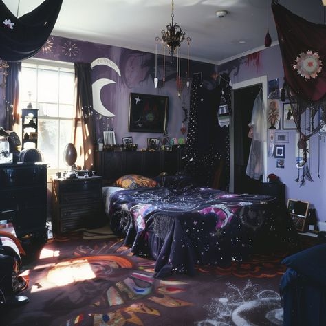 Whimsigoth Bedroom 90s, Whimsigoth Bedroom, Goth Bedroom Ideas, Moody Eclectic, Whimsy Goth Bedroom, Enchanting Bedroom, 90s Witch, Witch Energy, Dark Room Decor