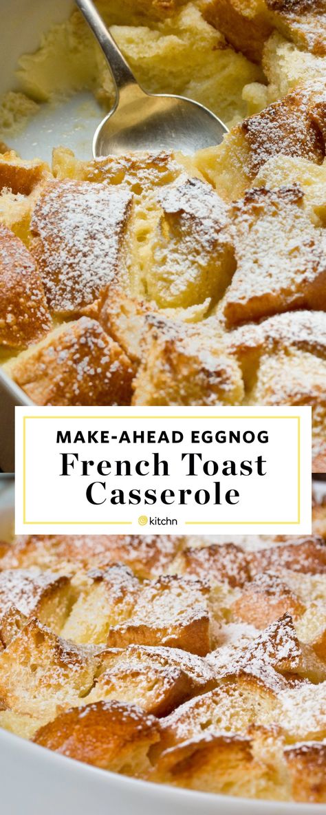 Make Ahead Eggnog French Toast Casserole Recipe. This easy overnight breakfast bake is perfect if you're looking for ideas and recipes for Christmas morning or brunch for kids. Breakfasts for a crowd are so important for holidays. Made with bread (challah or brioche are nice), butter, eggs, milk, eggnog, sugar, bourbon or vanilla extract. Breakfasts For A Crowd, Overnight Breakfast Bake, Brunch For Kids, Eggnog French Toast Casserole, Easy Overnight Breakfast, Bread Challah, Breakfast Casserole With Bread, Xmas Morning, French Toast Casserole Recipe