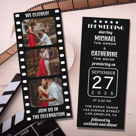 Movie Film Strip Black And White Cinema Wedding Invitation (Creator Uploaded) Film Theme Wedding, Movie Film Strip, Cinema Themed Wedding, Popular Wedding Invitations, Cinema Wedding, Black And White Wedding Invitations, Black And White Movie, Wedding Movies, Hollywood Wedding