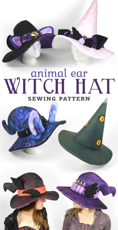 New Shop Pattern! Animal Ear Witch Hat | Choly Knight Choly Knight, Dragon Ears, Unicorn Dragon, Cat Dragon, Obličejové Masky, Ears Hat, Hat Sewing, Cat Unicorn, Hat Patterns To Sew