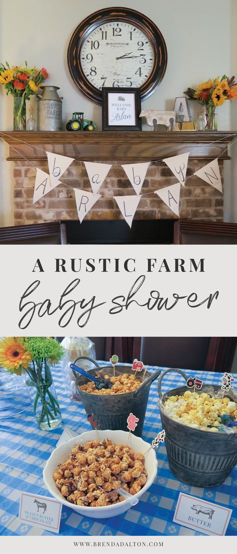 A Rustic Farm Baby Shower, complete with bundt cakes, rustic decor, farm animals, baby shower games and popcorn bar. Learn more at brendadalton.com Farm Theme Baby Shower Ideas, Farm Themed Baby Shower Ideas, Barnyard Baby Shower Ideas, Farm Baby Shower Theme, Yoga Baby, Baby Shower Venues, Baby Corn, Farm Baby Shower, Farm Animals Theme