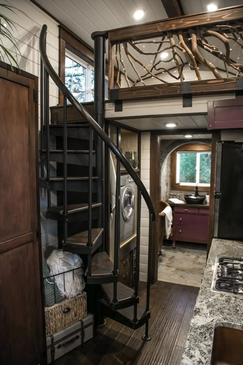 The Tudor-style tiny house features a steel spiral staircase Kid Playhouse, Tiny Luxury, Rustic Tiny House, Tiny House Stairs, Home Idea, Stairs Ideas, Tiny House Interior Design, Tiny House Loft, Tiny House Inspiration