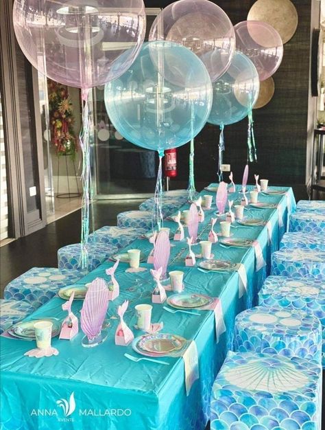 Centerpiece Mermaid Party, Mermaid Birthday Party Table Set Up, Elegant Mermaid Party, Mermaid Party Table Set Up, Mermaid Birthday Party Table Decorations, Mermaid Table Set Up, Little Mermaid Table Decorations, Mermaid Party Table Decor, Little Mermaid Centerpiece Ideas