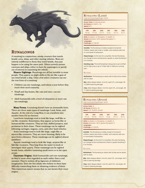 When I was younger, I used to imagine monsters running alongside the car. I decided to make stats (and a little sketch!) for them. The Runalongs, Cute Dnd Familiars, D&d Mounts, Dnd Cat Familiar, Dnd Mounts 5e, Dnd Fae Creatures, Dnd Pets And Mounts, D&d Familiars, D&d Animals