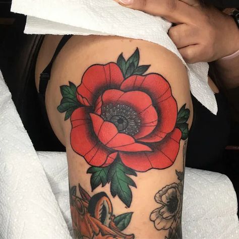 62 Stunning Poppy Flower Tattoo Ideas To Rock In 2023 Poppy Flower Tattoo Traditional, Poppy And Peony Tattoo, American Traditional Poppy Tattoo, Blue Poppy Tattoo, Amapola Tattoo, Traditional Poppy Tattoo, Trad Flower, Red Poppy Tattoo, Hawaiian Flower Tattoos