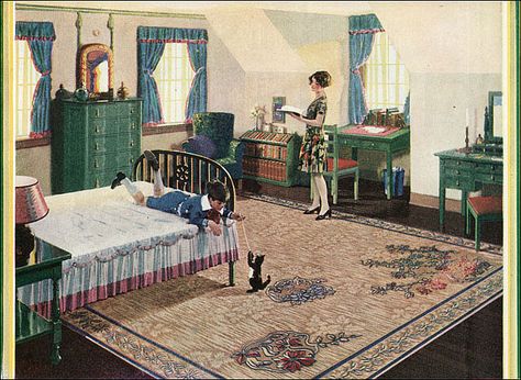 https://flic.kr/p/62PxGP | 1928 Congoleum Rug - Attic Bedroom | Source: Ladies Home Journal See other bedrooms from the 1920s gallery at American Home & Style. 1930s Bedroom, 1920s Bedroom, 1920 House, 1920s Interior, Old House Interior, Small Attic, 1920s House, Attic Design, Vintage House Plans