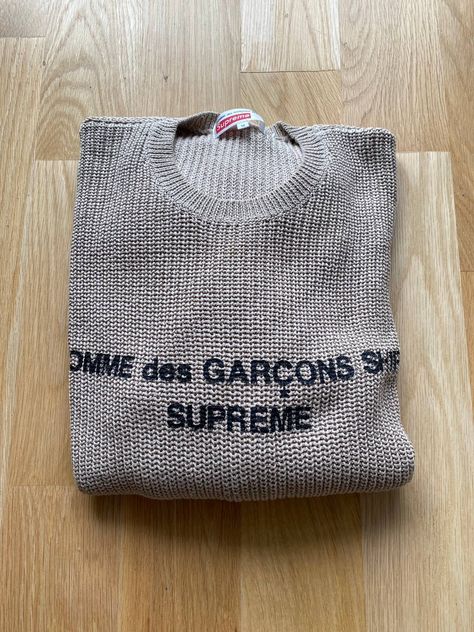 Supreme Supreme x CDG Knit Sweater Size M | Grailed Supreme Sweater, Comme Des Garcons Shirt, Men's Tops, Knit Sweater, Sweater Sizes, Knitted Sweaters, Jumper, Branding, Knitting