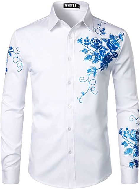 ZEROYAA Men's Hipster Rose Floral Printed Slim Fit Long Sleeve Button Up Party Dress Shirts ZZCL63 White Royal Small at Amazon Men’s Clothing store Куклы American Girl, Wedding Party Outfits, Disco Shirt, Smart Casual Style, Hipster Man, Up Party, Dance Shirts, Satin Long Sleeve, Tuxedo Shirts