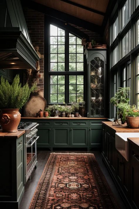 40+ Aesthetic Moody Farmhouse Kitchen Ideas Modern Dark Farmhouse, Moody Farmhouse Kitchen, Gothic House Aesthetic, Green Black Kitchen, Green And Black Kitchen, Southern Gothic House, Gothic Farmhouse Decor, House Expansion, Dark Farmhouse