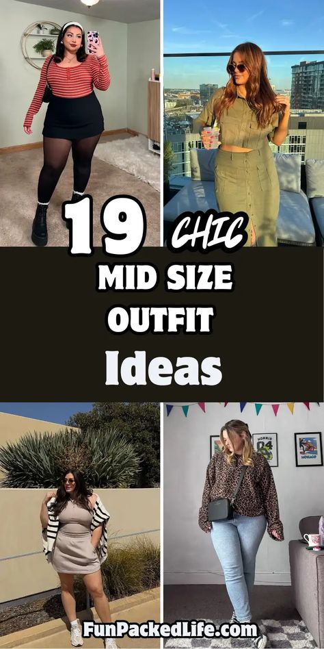 Image features four stylish mid-size outfit ideas with the text "19 Chic Mid-Size Outfit Ideas" displayed in bold. Outfits include a striped top with a mini skirt and tights, a fitted green co-ord set, a neutral dress paired with a striped shawl, and leopard print paired with skinny jeans. Each look is accessorized with trendy details like sunglasses, sneakers, and crossbody bags. Birthday Outfit For Midsize, Casual Outfits For Big Busted Women, Casual Going Out Outfit Mid Size, Cute Outfit Ideas For Bigger Women, Midsize Outfits Going Out, Plus Size Outfit Styling, Mid Weight Women Outfit, Outfits For Late 30 Year Olds, Concert Outfit Inspo Black Women