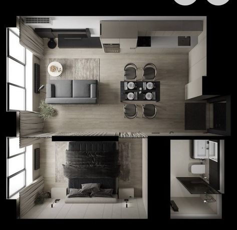 Modern Small Apartment Design Ideas, 1b1b Apartment Design, Cute Apartment Layout, Square Apartment Layout, Small Bloxburg Apartment, One Room Apartment Layout, Korean Apartment Layout, Loft Apartment Layout, Condo Layout