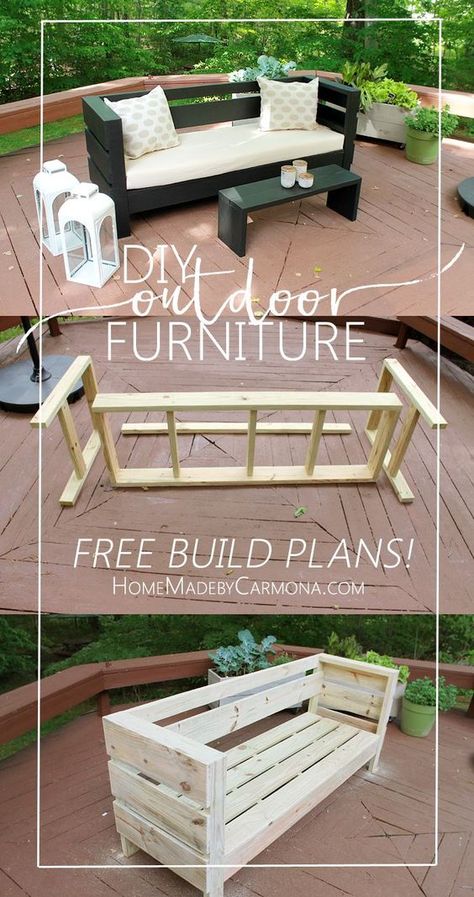 Learn how to easily build your own Outdoor Sofa and Coffee Table/Bench Pergola Diy, Diy Porch, Interior Vintage, Outdoor Furniture Decor, Pallet Creations, Bench Plans, Ideas Casa, Pallet Ideas, Shop Ideas