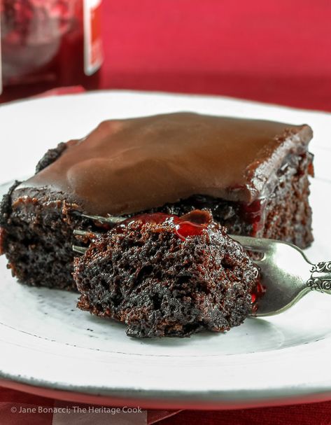 Bite on a fork in front of slice of cake; Chocolate Raspberry Sheet Cake © 2018 Jane Bonacci, The Heritage Cook. All rights reserved. Chocolate Raspberry Sheet Cake, Chocolate Torte With Raspberry Sauce, Raspberry Sheet Cake, Chocolate Raspberry Jam, Great British Bake Off Chocolate Raspberry Cake, Chocolate Cake With Raspberries, Raspberry Slice, Dark Chocolate And Raspberry Cake, Gi Issues