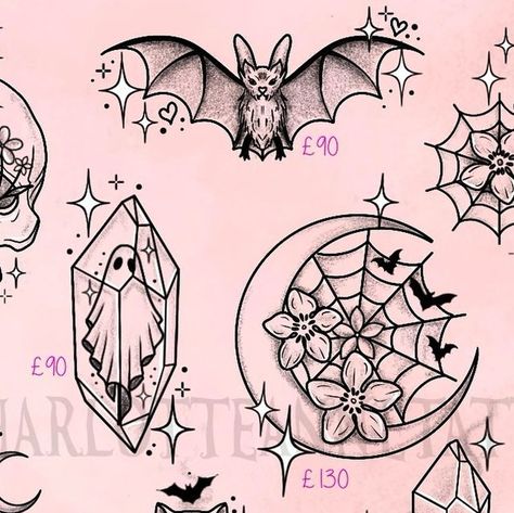 Charlotte Brown on Instagram: "New flash available   #tattooartist #tattooideas #tattooart #tattoos #tattooing #tattooflash #tattooist #tattooer #instatattoo #ladytattooer #femaletattooartist #leedstattoo #leedstattooartist #uktattoo #uktattooartist #spookytattoo #battattoo #skulltattoo #flowertattoo" Witchy Goth Tattoo, Tattoo Flash Art Halloween, Planchet Tattoo, Witchy Knee Tattoo, Spooky Pretty Tattoo, Halloween Flash Tattoo Ideas, Spooky Theme Tattoo, Fall Flash Tattoo, Witch Tattoo Flash