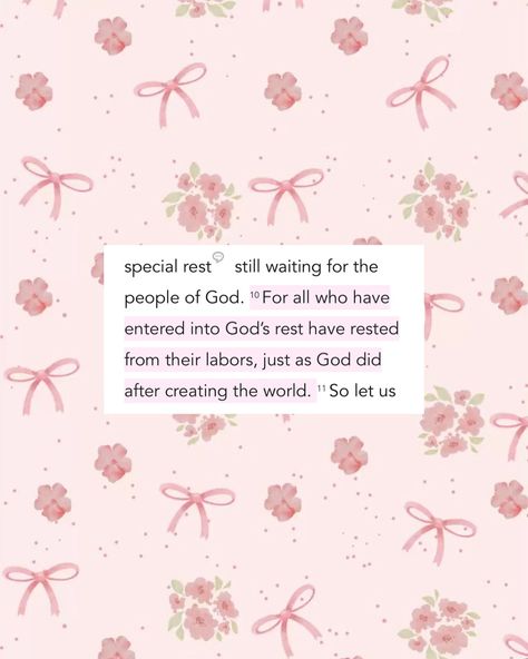 Loved today’s verse of the day on the Bible app: Hebrews 4:10! Work is important, but so is rest. God took the time to rest after a week of creation, so we should follow His example. This is your reminder to take some time to slow down and spend time with our Creator💗✨ • • • Bible verse, Christian, Christianity, Christian girl, Christian quote, Bible quotes, Jesus loves you Rest Bible Verse, Bible Verse Today, Rest Quotes, Today's Verse, Hebrews 4, Quotes Jesus, Bible Verse For Today, Todays Verse, Time To Rest