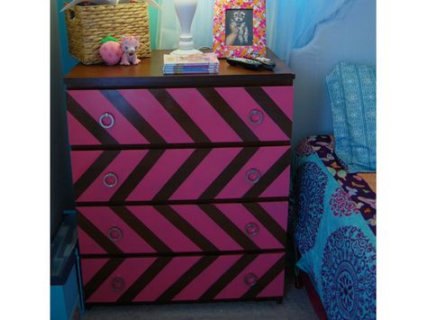 Turn IKEA's most basic furniture staple into something fantastic with these DIY ideas. Dresser Wallpaper, Diy Leather Drawer Pulls, Drawer Pulls Diy, Dresser Island, Diy Changing Table, Boy And Girl Shared Bedroom, Chevron Dresser, Dresser Makeovers, Campaign Dresser