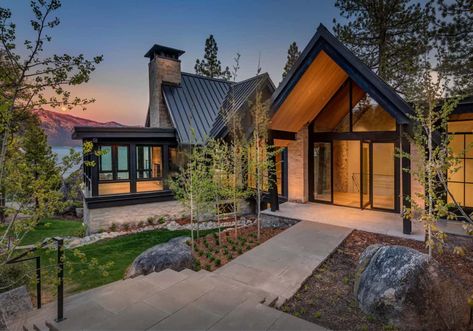 Luxury lakefront mountain home boasts panoramic views of Lake Tahoe Modern Mountain Home Exterior, Wallpaper Bedroom Aesthetic, Mountain House Design, Modern Mountain House, Mountain Home Exterior, Lake Houses Exterior, Crystal Bay, Modern Lake House, Aesthetic Bedroom Ideas