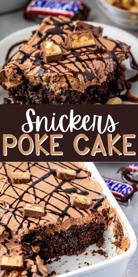 Snickers Cake is an easy chocolate poke cake! This recipe is so simple to make - topped with a nougat frosting and tons of snickers! Snickers Poke Cake, Snickers Dessert, Snickers Cake, Poke Cake Recipe, Chocolate Poke Cake, Homemade Chocolate Cake, Poke Cake Recipes, Poke Cakes, Rich Chocolate Cake