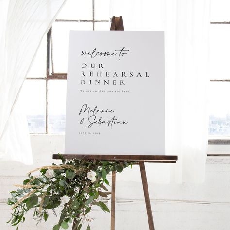 👋 THE MOST ELEGANT WAY TO WELCOME YOUR GUESTS This 🔸🔶  REHEARSAL DINNER SIGN 🔶🔸 is expertly handcrafted just for you. Free shipping included. Please note that the paper option needs to be framed in order to stand on an easel. Only for a limited time: buy 2 signs and save 40% IDEAS: 👉 Bridal shower sign: https://www.etsy.com/listing/1176218621/bridal-shower-sign-bridal-shower-welcome 👉 Rehearsal sign: https://www.etsy.com/listing/1170675965/rehearsal-dinner-sign-rehearsal-sign ------------ Rehearsal Dinner Sign, Elopement Celebration, Gold Template, Dinner Centerpieces, Rehearsal Dinner Decorations, Wedding Welcome Board, Swan House, Rehearsal Dinner Ideas, Wood Wedding Signs