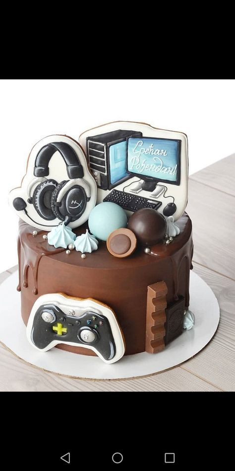 21st Birthday Cake For Guys, Computer Cake, Playstation Cake, Candy Birthday Cakes, Galaxy Cake, Funny Birthday Cakes, Cake Truffles, Cookie Icing, Pretty Birthday Cakes